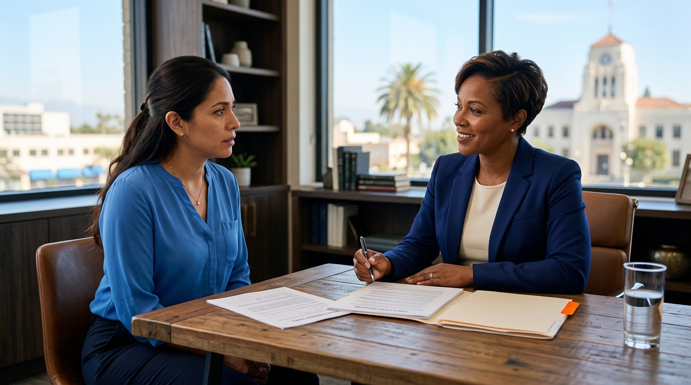 A worried parent consulting with a compassionate family law attorney over documents regarding child custody in California.